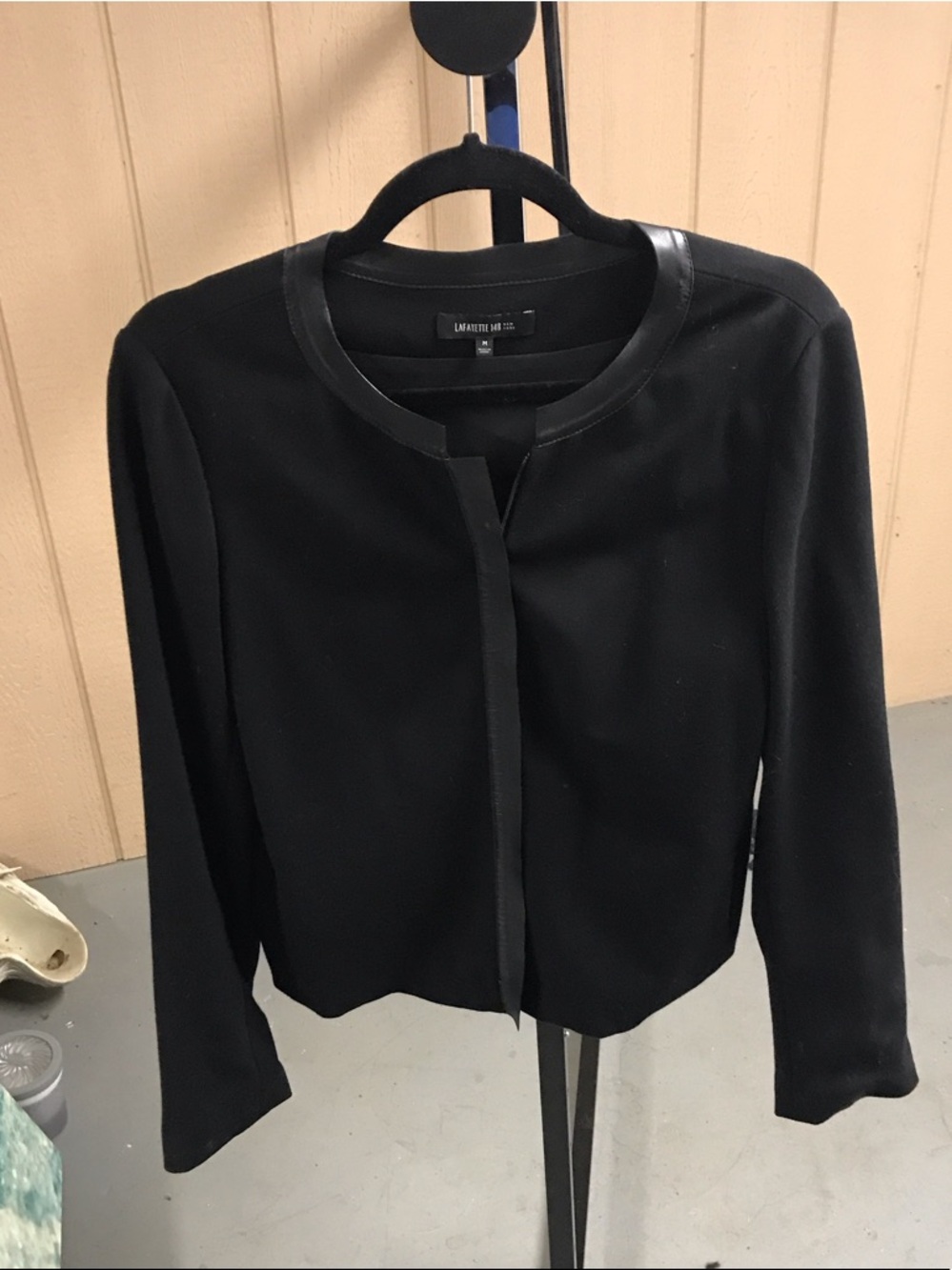 Lafayette 148 New York Black Collarless Leather-Trim Jacket